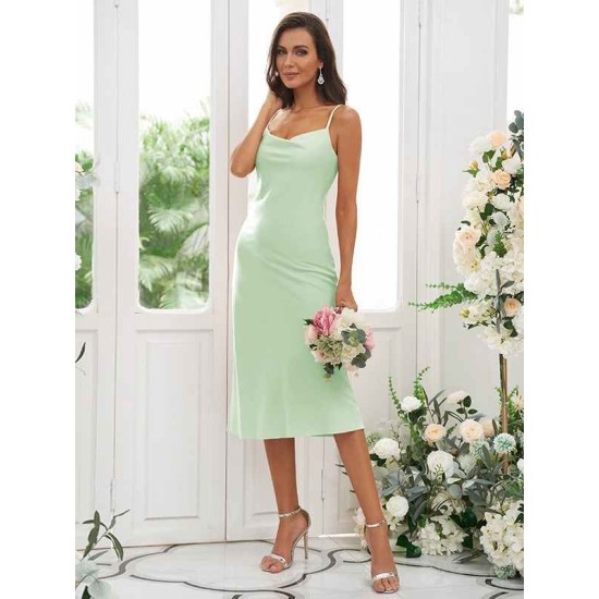 Beautiful Ruched Spaghetti Straps Sleeveless Tea-Length Bridesmaid Dresses