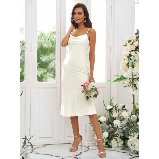 Beautiful Ruched Spaghetti Straps Sleeveless Tea-Length Bridesmaid Dresses