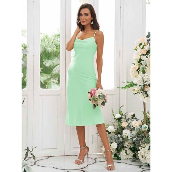 Beautiful Ruched Spaghetti Straps Sleeveless Tea-Length Bridesmaid Dresses