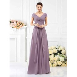V-Neck Elegant Pleats Short Sleeves Long Chiffon Bridesmaid Dresses