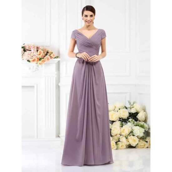 V-Neck Elegant Pleats Short Sleeves Long Chiffon Bridesmaid Dresses