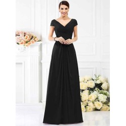 V-Neck Elegant Pleats Short Sleeves Long Chiffon Bridesmaid Dresses