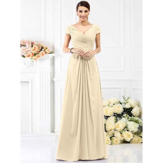 V-Neck Elegant Pleats Short Sleeves Long Chiffon Bridesmaid Dresses