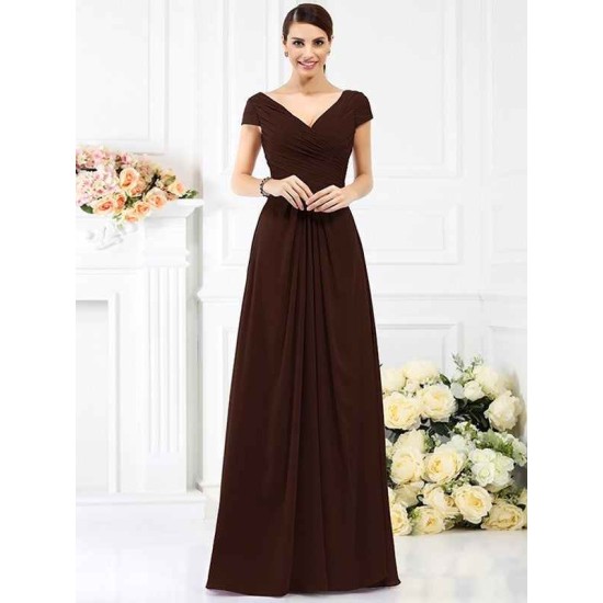 V-Neck Elegant Pleats Short Sleeves Long Chiffon Bridesmaid Dresses
