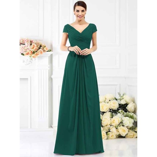 V-Neck Elegant Pleats Short Sleeves Long Chiffon Bridesmaid Dresses