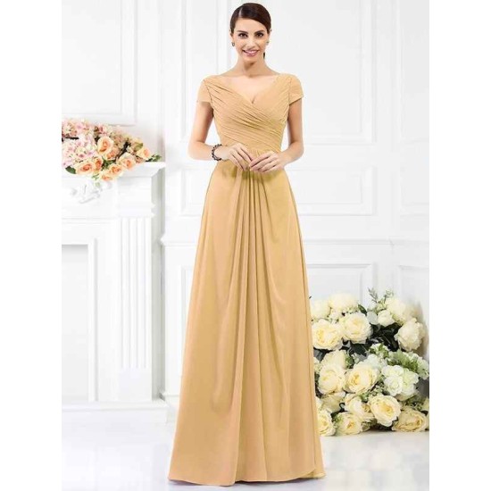 V-Neck Elegant Pleats Short Sleeves Long Chiffon Bridesmaid Dresses