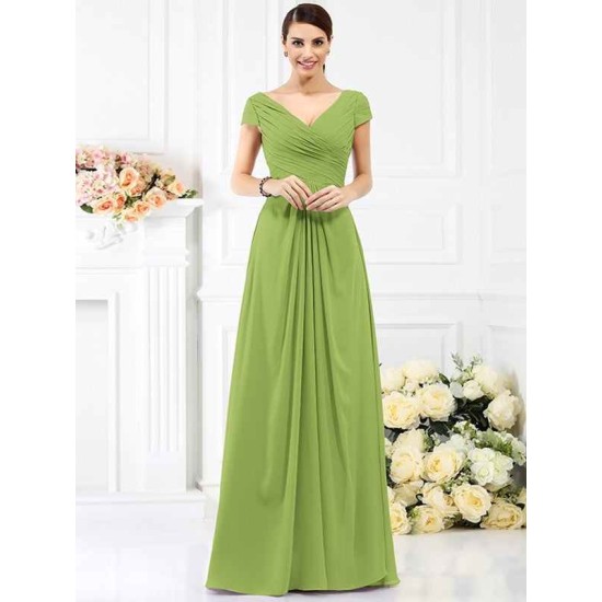 V-Neck Elegant Pleats Short Sleeves Long Chiffon Bridesmaid Dresses