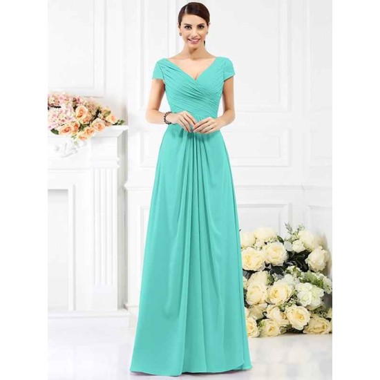 V-Neck Elegant Pleats Short Sleeves Long Chiffon Bridesmaid Dresses