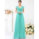 V-Neck Elegant Pleats Short Sleeves Long Chiffon Bridesmaid Dresses