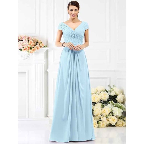 V-Neck Elegant Pleats Short Sleeves Long Chiffon Bridesmaid Dresses