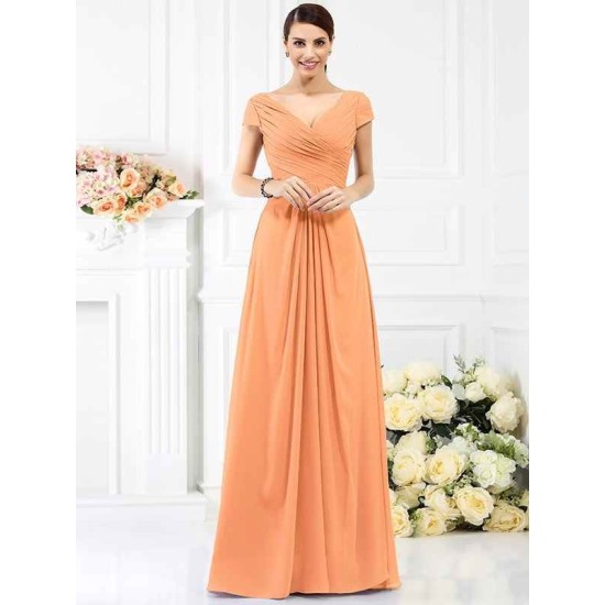 V-Neck Elegant Pleats Short Sleeves Long Chiffon Bridesmaid Dresses