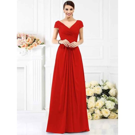 V-Neck Elegant Pleats Short Sleeves Long Chiffon Bridesmaid Dresses