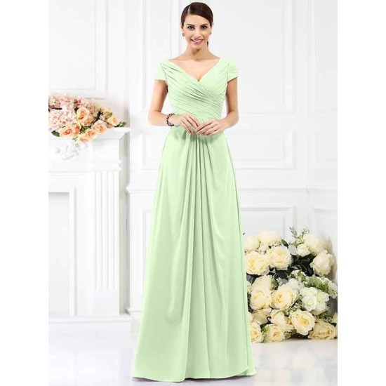 V-Neck Elegant Pleats Short Sleeves Long Chiffon Bridesmaid Dresses