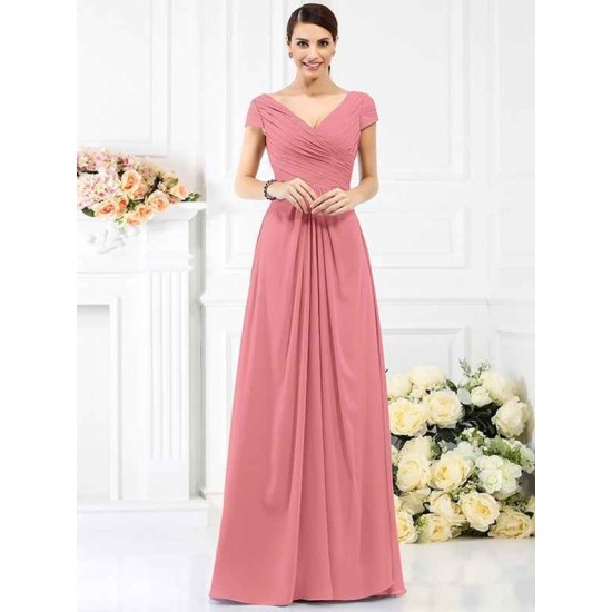 V-Neck Elegant Pleats Short Sleeves Long Chiffon Bridesmaid Dresses