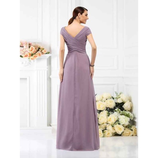 V-Neck Elegant Pleats Short Sleeves Long Chiffon Bridesmaid Dresses