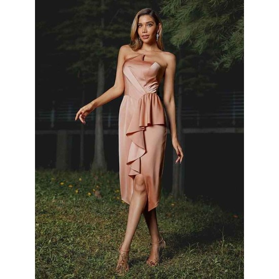Designer Ruffles Strapless Sleeveless Tea-Length Bridesmaid Dresses