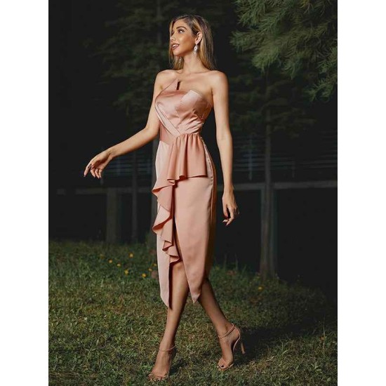Designer Ruffles Strapless Sleeveless Tea-Length Bridesmaid Dresses
