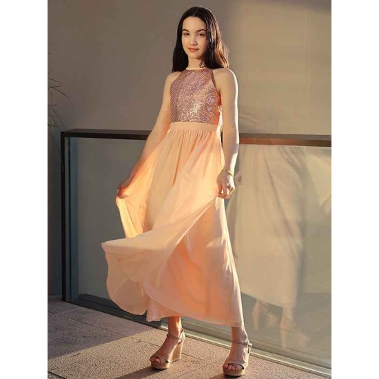 Amazing Chiffon Sequin Scoop Sleeveless Ankle-Length Junior/Girls Bridesmaid Dresses