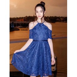 Charming Lace Ruffles Halter Short Sleeves Knee-Length Junior/Girls Bridesmaid Dresses