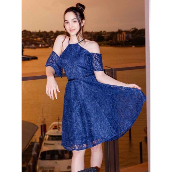 Charming Lace Ruffles Halter Short Sleeves Knee-Length Junior/Girls Bridesmaid Dresses
