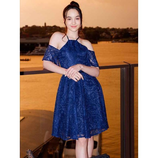 Charming Lace Ruffles Halter Short Sleeves Knee-Length Junior/Girls Bridesmaid Dresses