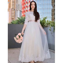 Charming Lace Applique Scoop 3/4 Sleeves Junior Bridesmaid Dresses