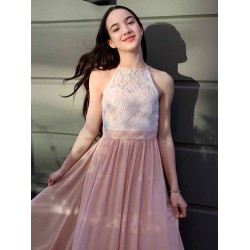 Amazing Chiffon Lace Halter Sleeveless Junior/Girls Bridesmaid Dresses