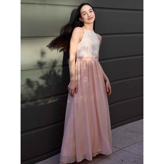 Amazing Chiffon Lace Halter Sleeveless Junior/Girls Bridesmaid Dresses