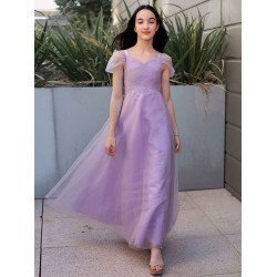 Gorgeous Tulle Ruched V-neck Short Sleeves Junior/Girls Bridesmaid Dresses