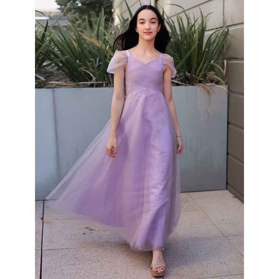Gorgeous Tulle Ruched V-neck Short Sleeves Junior/Girls Bridesmaid Dresses