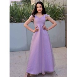 Gorgeous Tulle Ruched V-neck Short Sleeves Junior/Girls Bridesmaid Dresses