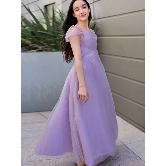 Gorgeous Tulle Ruched V-neck Short Sleeves Junior/Girls Bridesmaid Dresses