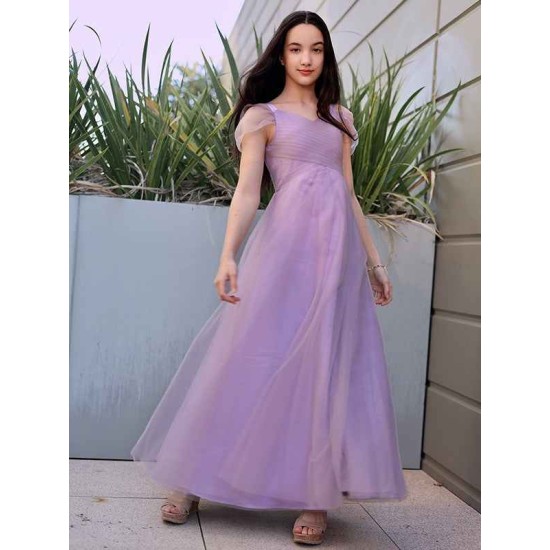 Gorgeous Tulle Ruched V-neck Short Sleeves Junior/Girls Bridesmaid Dresses