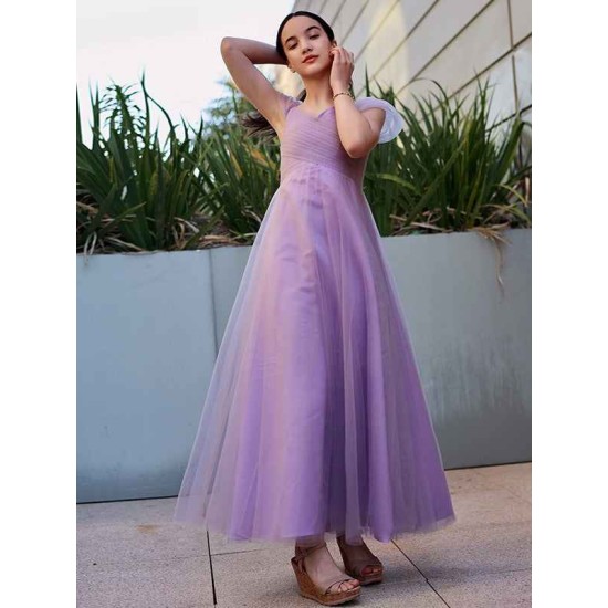 Gorgeous Tulle Ruched V-neck Short Sleeves Junior/Girls Bridesmaid Dresses