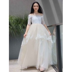Charming Lace Ruffles Off-the-Shoulder 1/2 Sleeves Junior/Girls Bridesmaid Dresses