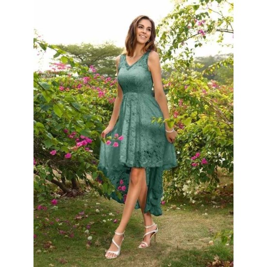 V-Neck Elegant Lace Sleeveless High Low Lace Bridesmaid Dresses
