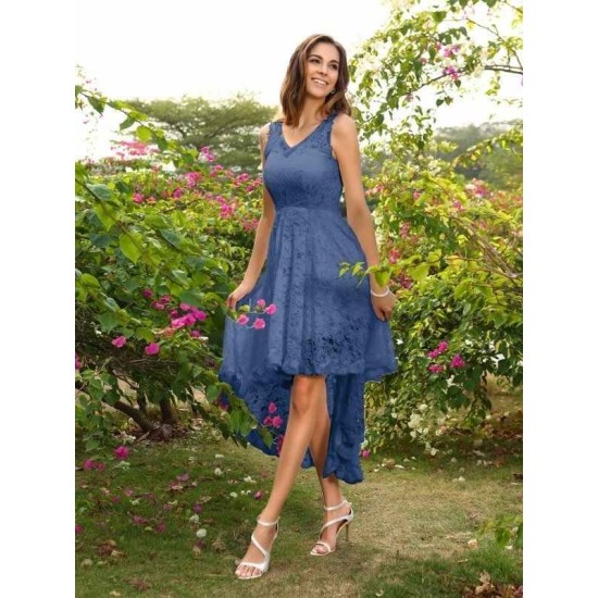 V-Neck Elegant Lace Sleeveless High Low Lace Bridesmaid Dresses
