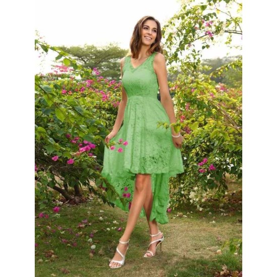 V-Neck Elegant Lace Sleeveless High Low Lace Bridesmaid Dresses