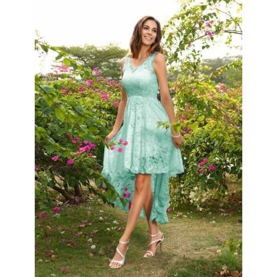 V-Neck Elegant Lace Sleeveless High Low Lace Bridesmaid Dresses