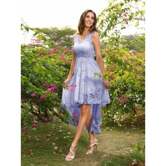 V-Neck Elegant Lace Sleeveless High Low Lace Bridesmaid Dresses