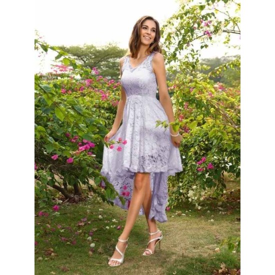 V-Neck Elegant Lace Sleeveless High Low Lace Bridesmaid Dresses