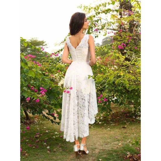 V-Neck Elegant Lace Sleeveless High Low Lace Bridesmaid Dresses