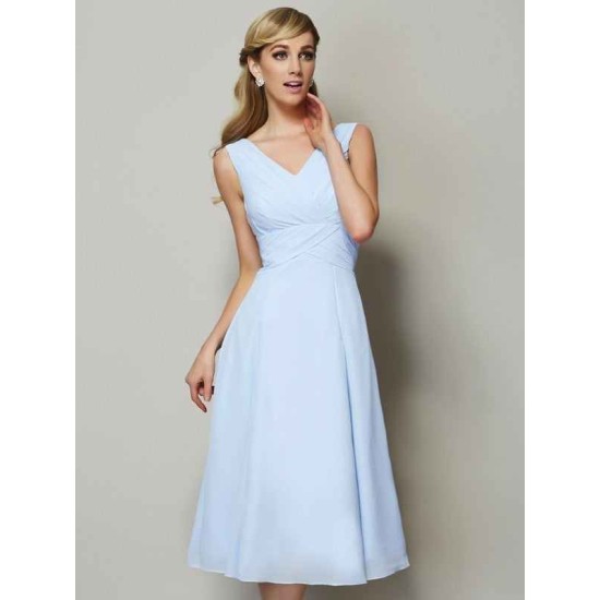 V-Neck Elegant Sleeveless Pleats Short Chiffon Bridesmaid Dresses