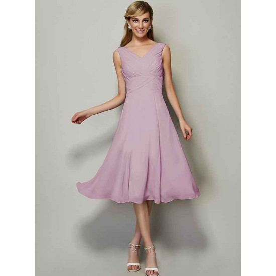 V-Neck Elegant Sleeveless Pleats Short Chiffon Bridesmaid Dresses
