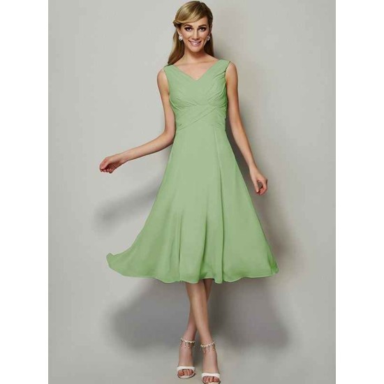 V-Neck Elegant Sleeveless Pleats Short Chiffon Bridesmaid Dresses