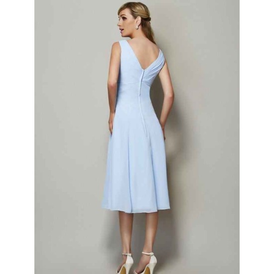 V-Neck Elegant Sleeveless Pleats Short Chiffon Bridesmaid Dresses