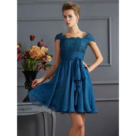 Chic Short Sleeves Lace Short Chiffon Bridesmaid Dresses