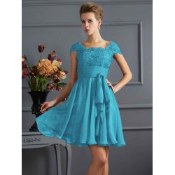 Chic Short Sleeves Lace Short Chiffon Bridesmaid Dresses