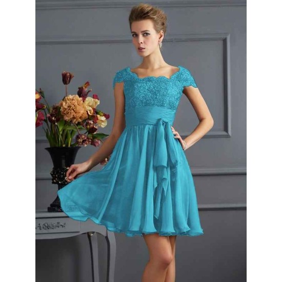 Chic Short Sleeves Lace Short Chiffon Bridesmaid Dresses
