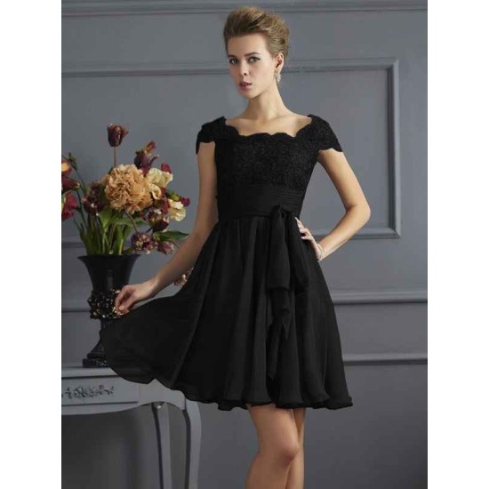 Chic Short Sleeves Lace Short Chiffon Bridesmaid Dresses